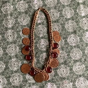 Costume jewelry- necklace with gold colored coins and burgundy beads